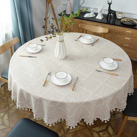 Dimatic Heavy Weight Cotton Linen Tablecloth, Plaid Tassel Round Table Cover for Kitchen Dining Room Tabletop Decorations, Round - 70", Beige