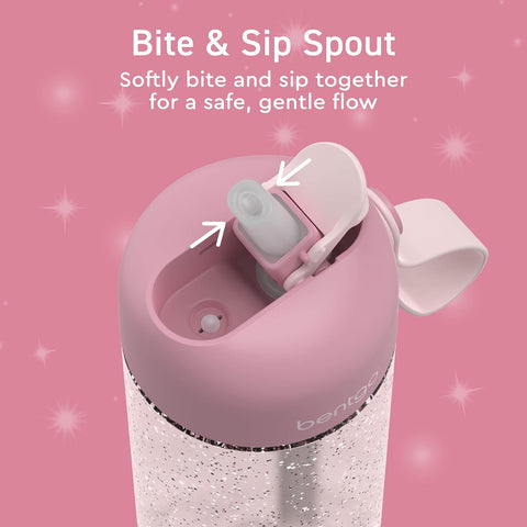 Bentgo Kids Water Bottle - Leak-Proof, Durable Tritan PFAS- & BPA-Free 15 fl oz, Kids/Toddlers Ages 3+ for School & Sports; Bite & Sip Spout, Carrying Handle, Dishwasher Safe (Petal Pink - Glitter)