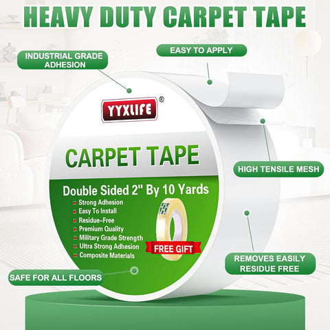 YYXLIFE Double Sided Carpet Tape for Area Rugs & Hardwood Floors, 2" x10YD