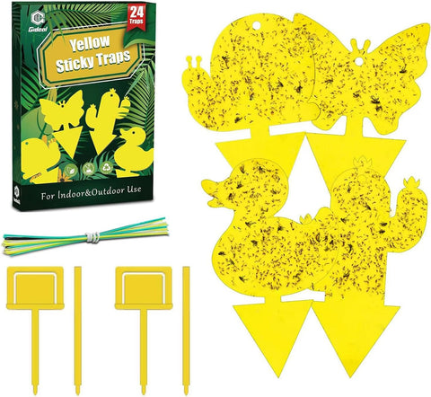 Gideal 24-Pack Dual-Sided Yellow Sticky Traps for Indoor/Outdoor Use, Gnat Trap for Flying Plant Insect Such as Fungus Gnats, Whiteflies, Aphids, Fruit Fly, Leafminers, etc - Cute Shapes