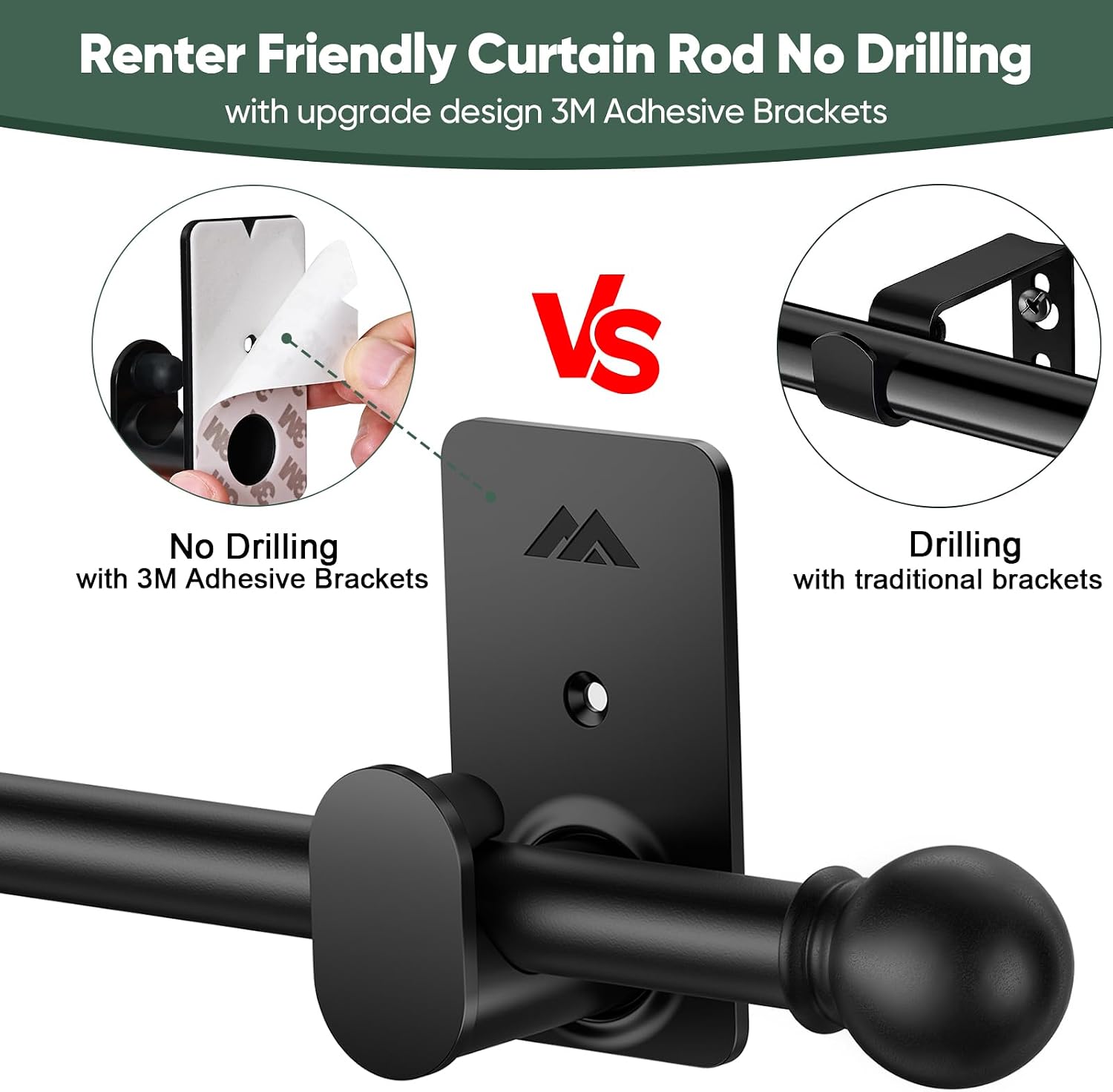 ZNONOX Curtain Rods No Drilling for Windows 30 to 45 Inches,5/8 Inch Diameter No Drill Curtain Rod Set with 3M Adhesive Brackets, Black
