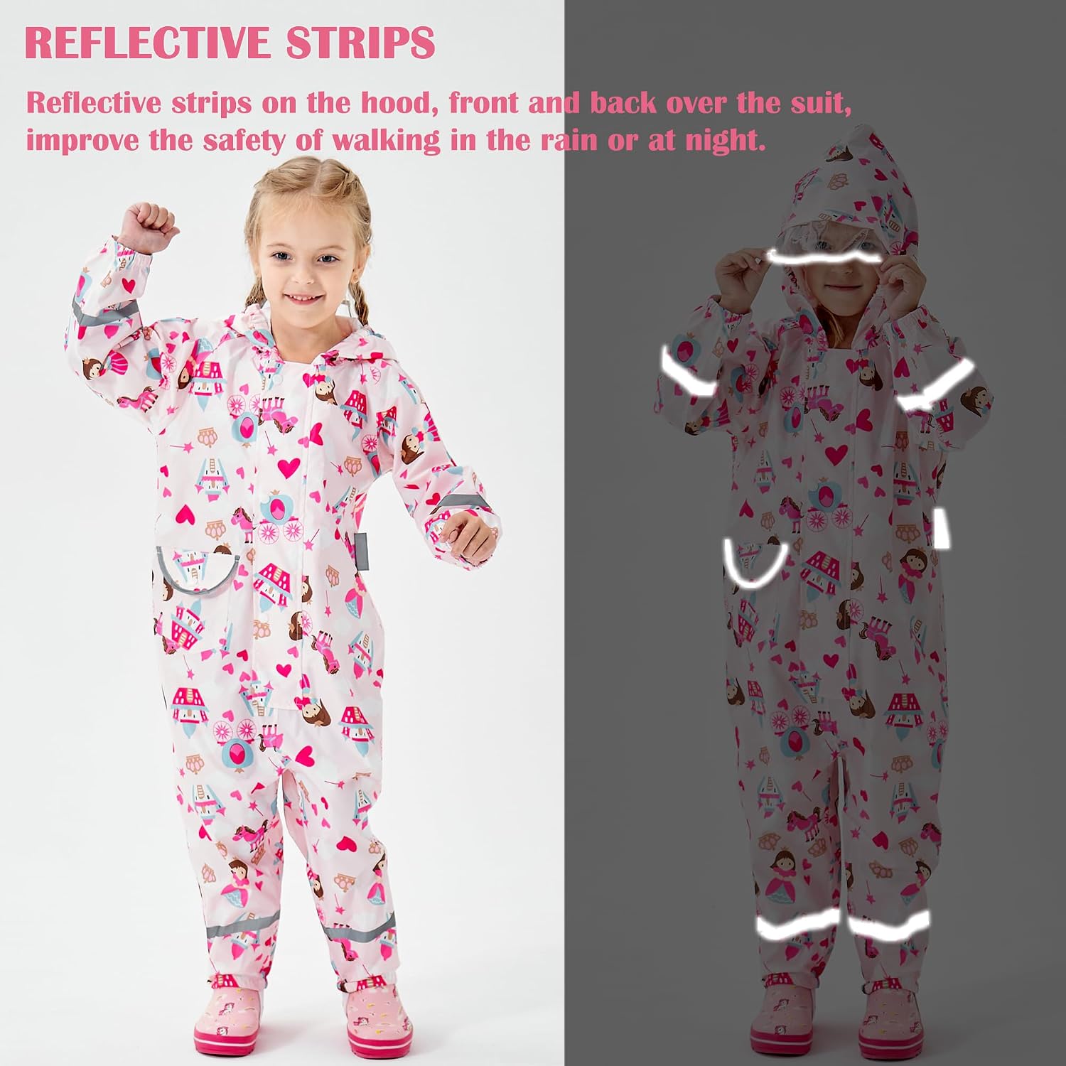 Fewlby Kids Toddler Rain Suit for Boys Girls One Piece Hoodie Zipper Cartoon Waterproof Coverall Rain Jacket 1-10 Years