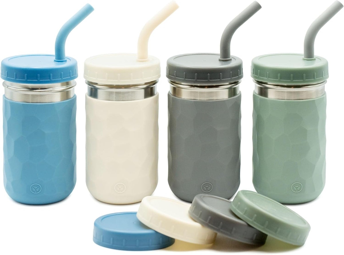 WeeSprout 2-in-1 Drinking Cups for Kids, Durable Stainless Steel Tumbler for Smoothies, Silicone Straws with Stoppers, Premium Plastic Twist Lids, Easy-Grip Sleeves, Set of 4 Dishwasher Safe Kid Cups