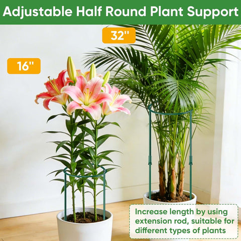 12 Pack 32 or 16 inch Adjustable Plant Support Stakes, Heavy-Duty Half Round Peony Support, Garden Plant Stakes Cage for Outdoor Plants, Peony, Tomato, Hydrangea, (16In Support +16In Extension Tubes)