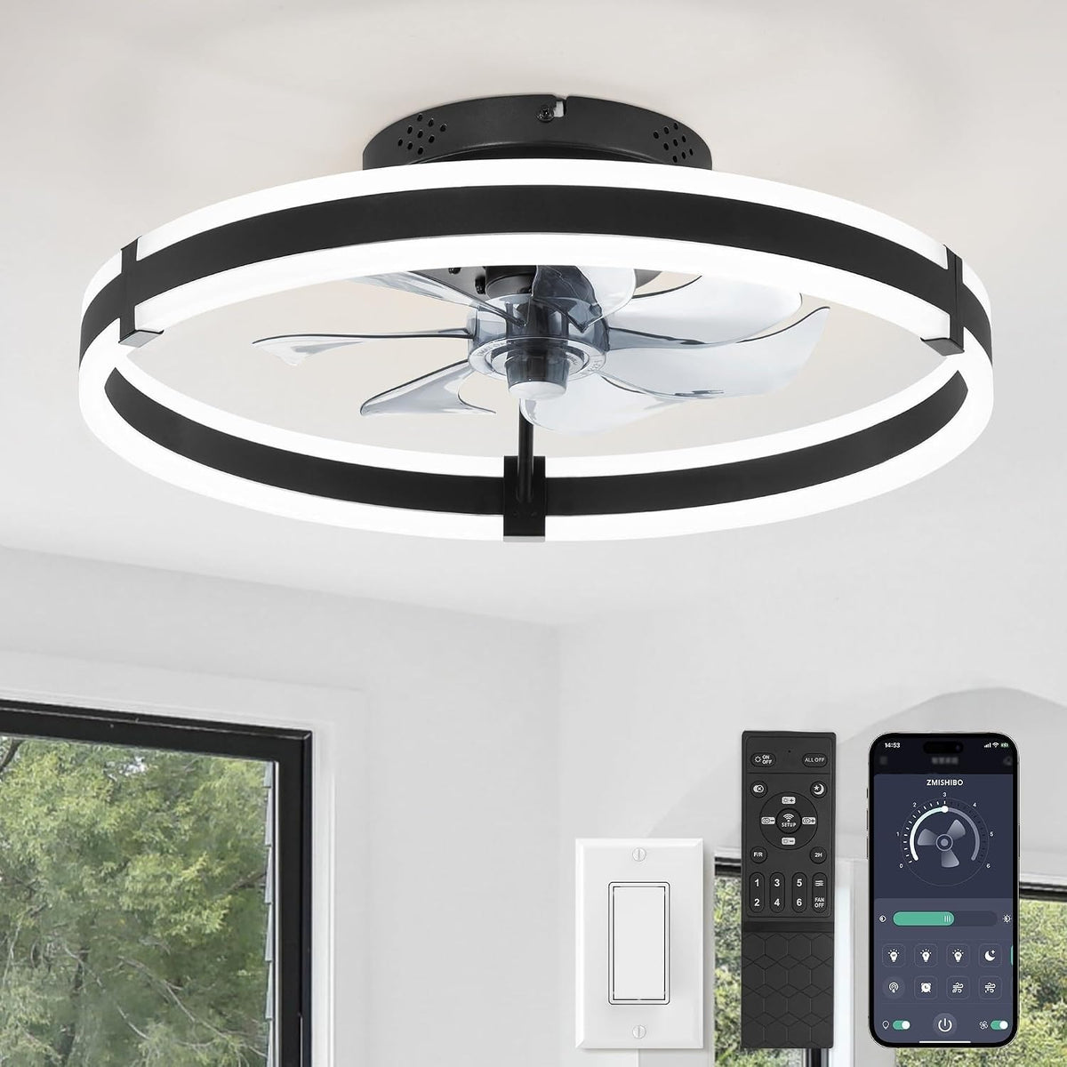ZMISHIBO Low Profile 19.7'' Ceiling Fans with Lights and Remote, Black
