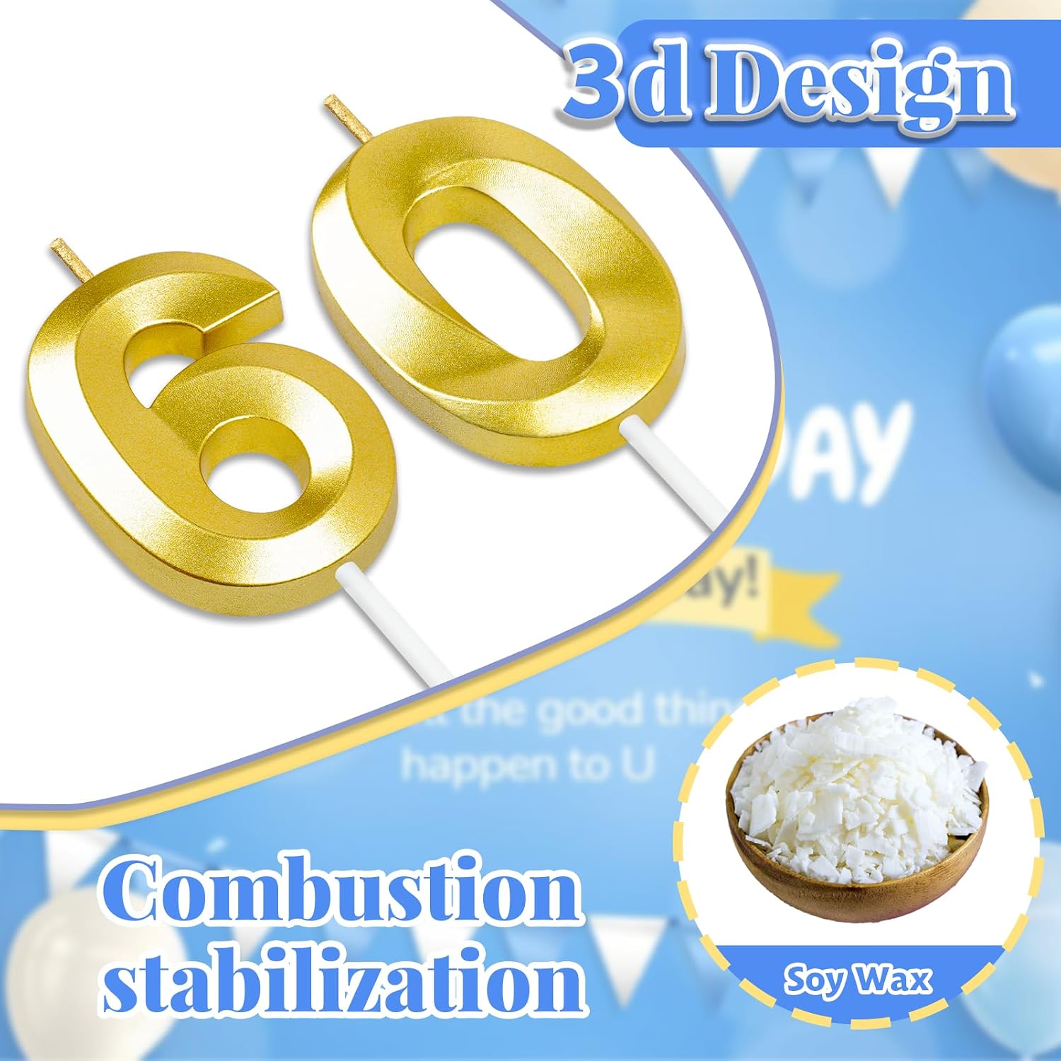 60th Birthday Decorations for Women and Men, Gold Number 60 Candle