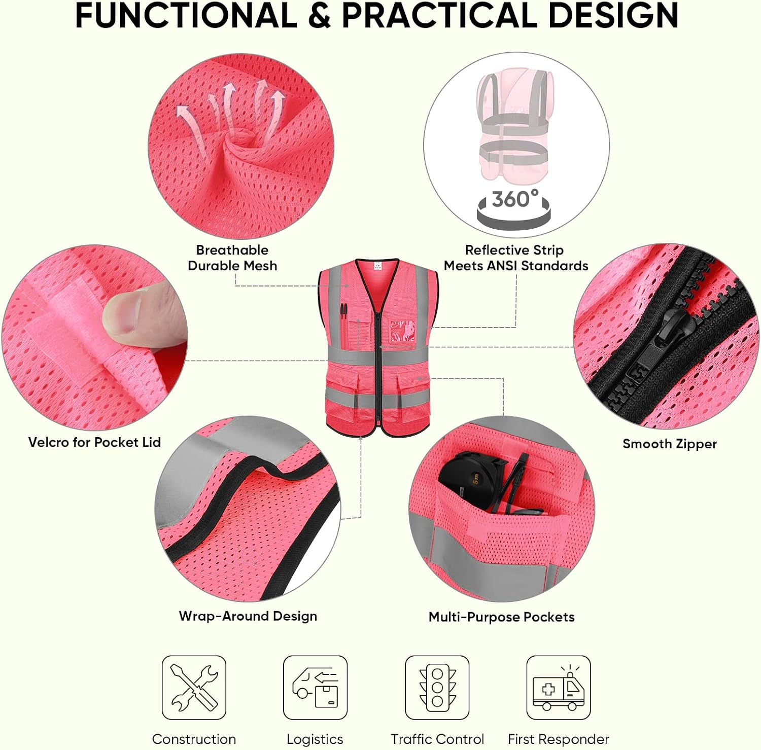 TICONN High Visibility Reflective Safety Vest for Men & Women, ANSI Class 2