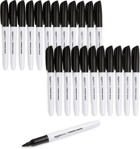 Amazon Basics Fine Tip Permanent Markers for Writing, Drawing, Quick Drying, Office, School, and Home Use, Black, 24 Pack