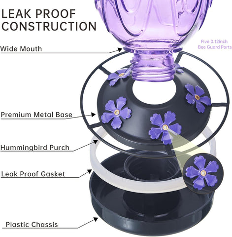 Glass Hummingbird Feeder for Outdoors Hanging,24Ozs Humming Bird Nectar Feeder Perch,5 Flower Feeding Ports, Leak Proof Base and Hook for Outside Garden Backyard Decor, Gifts for Women Mom,Purple
