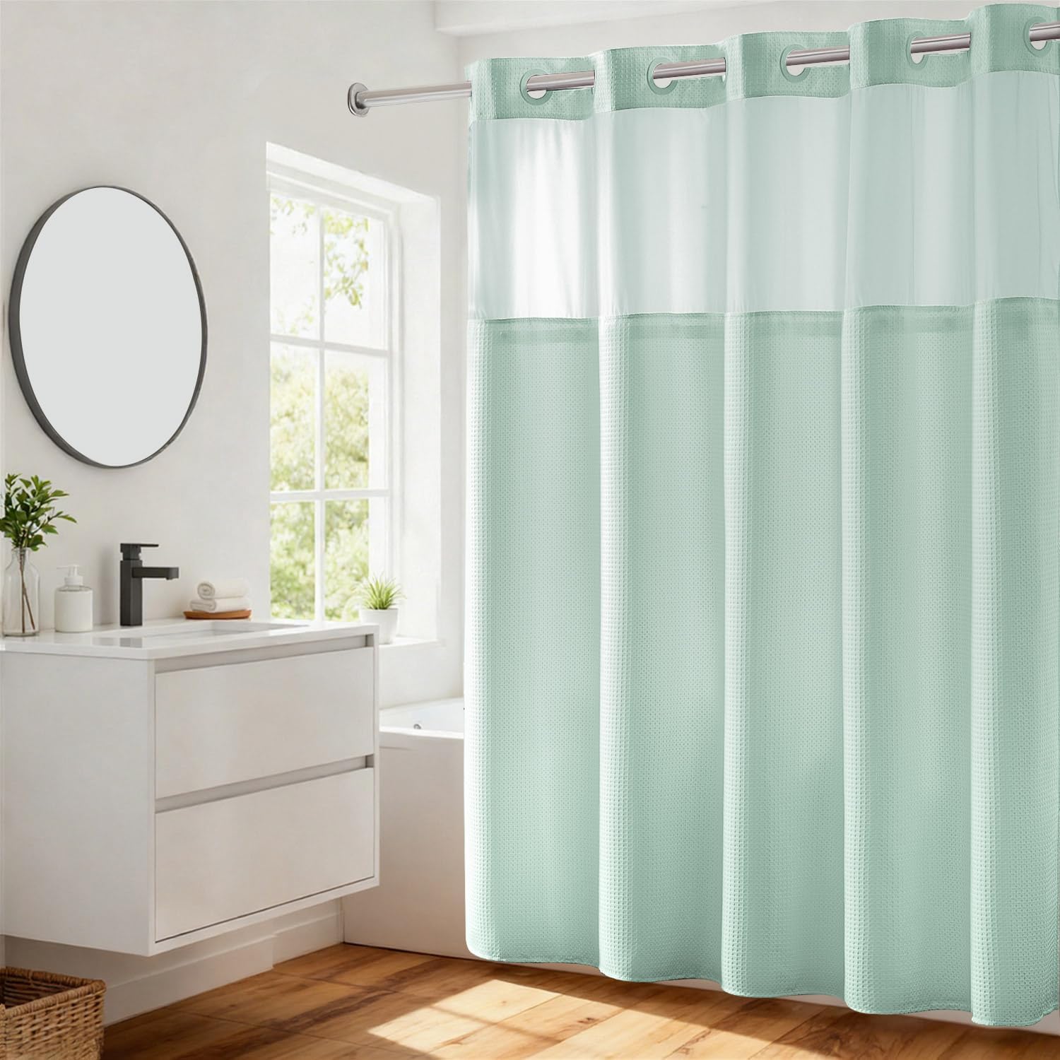 River Dream Waffle No Hook Shower Curtain with Liner,Misty Blue,71x74