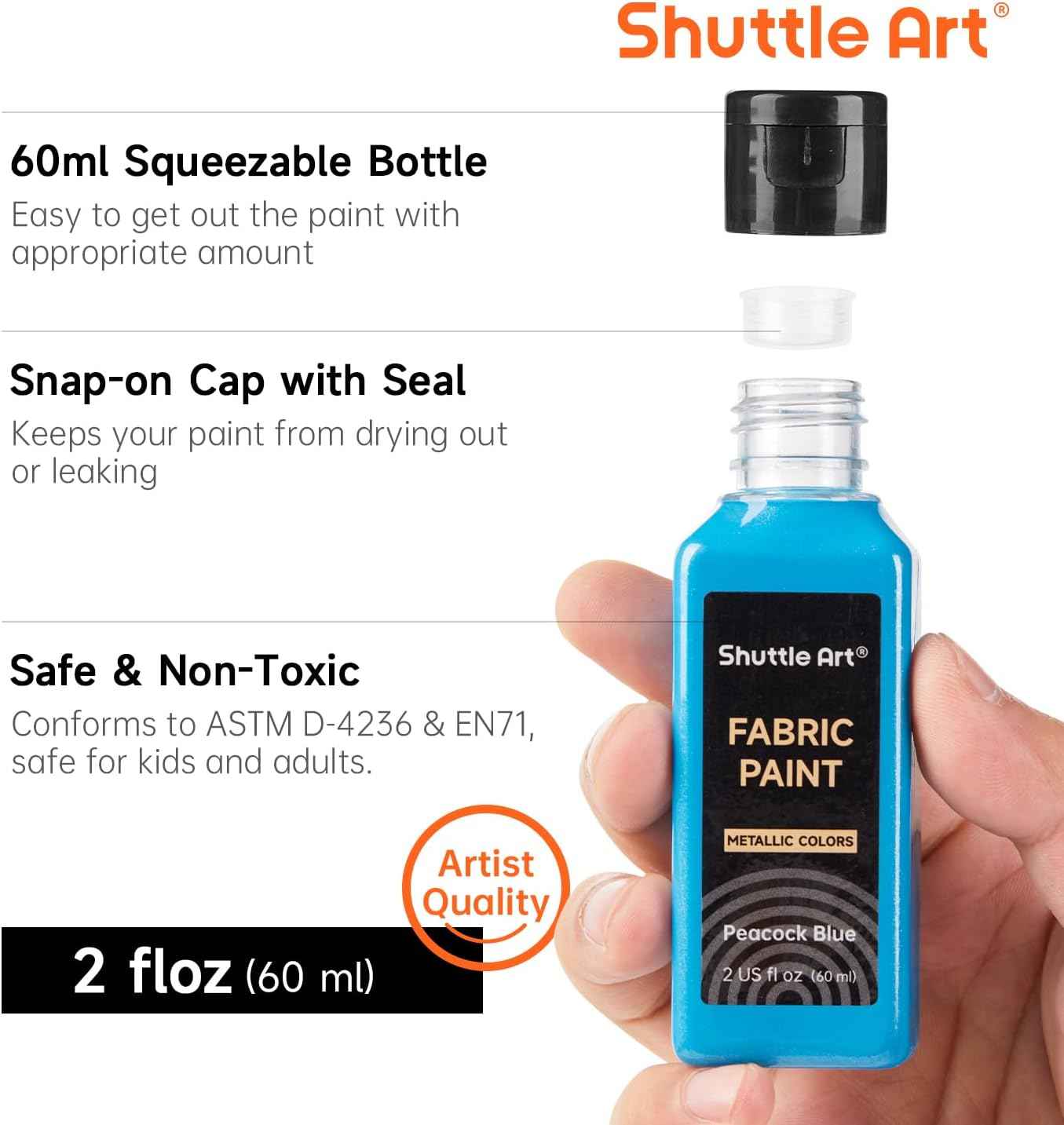 Metallic Fabric Paint, Shuttle Art 18 Metallic Colors Permanent Soft Fabric Paint in Bottles (60ml/2oz) with Brush and Stencils, Non-Toxic Textile Paint for T-shirts, Shoes, Jeans, Bags & DIY Projects