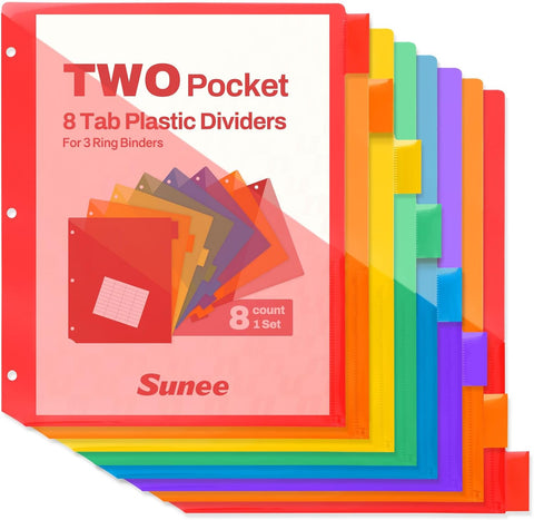 SUNEE 8 Tab Dividers with Pockets, Plastic Dividers for 3 Ring Binder, Subject Dividers with 2 Pockets, Binder Dividers for School Office Home Supplies, Multicolor, 1 Set