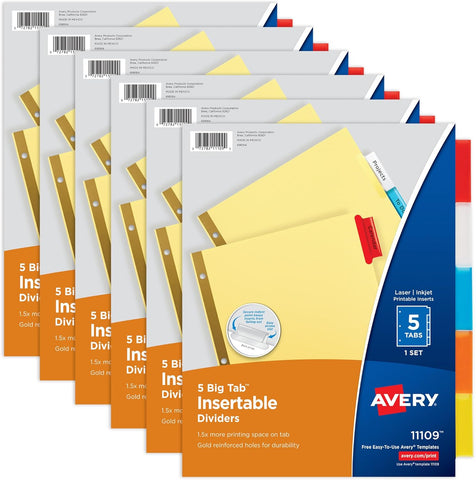 Avery Big Tab Insertable Dividers, 5-Tab, Multicolor, 6 Sets
