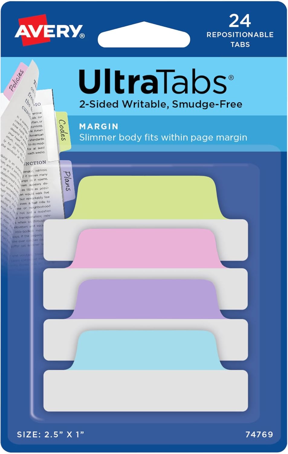 Avery® Margin Ultra Tabs®, 2.5" x 1" Repositionable, 24 Pastel Tabs