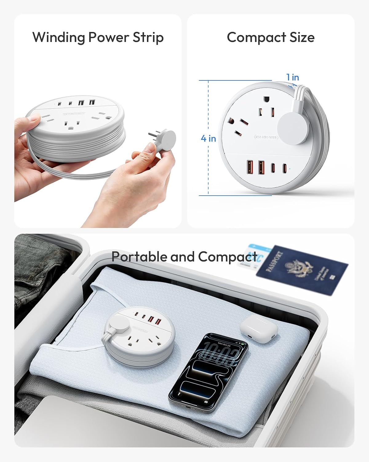 NTONPOWER Travel Power Strip 20W, Travel Essentials, Cruise Essentials 2026 3 Outlets 4 USB Ports(2 USB C), 4FT Wrapped Around Extension Cord for Travel Cruise Ship Beach Vacation Essentials