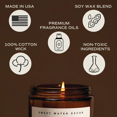 Sweet Water Decor Warm and Cozy Candle | Pine, Orange, Cinnamon, and Fir Balsam Winter Scented Soy Candles for Home | 9oz Amber Jar with Black Lid, 40 Hour Burn Time, Made in the USA