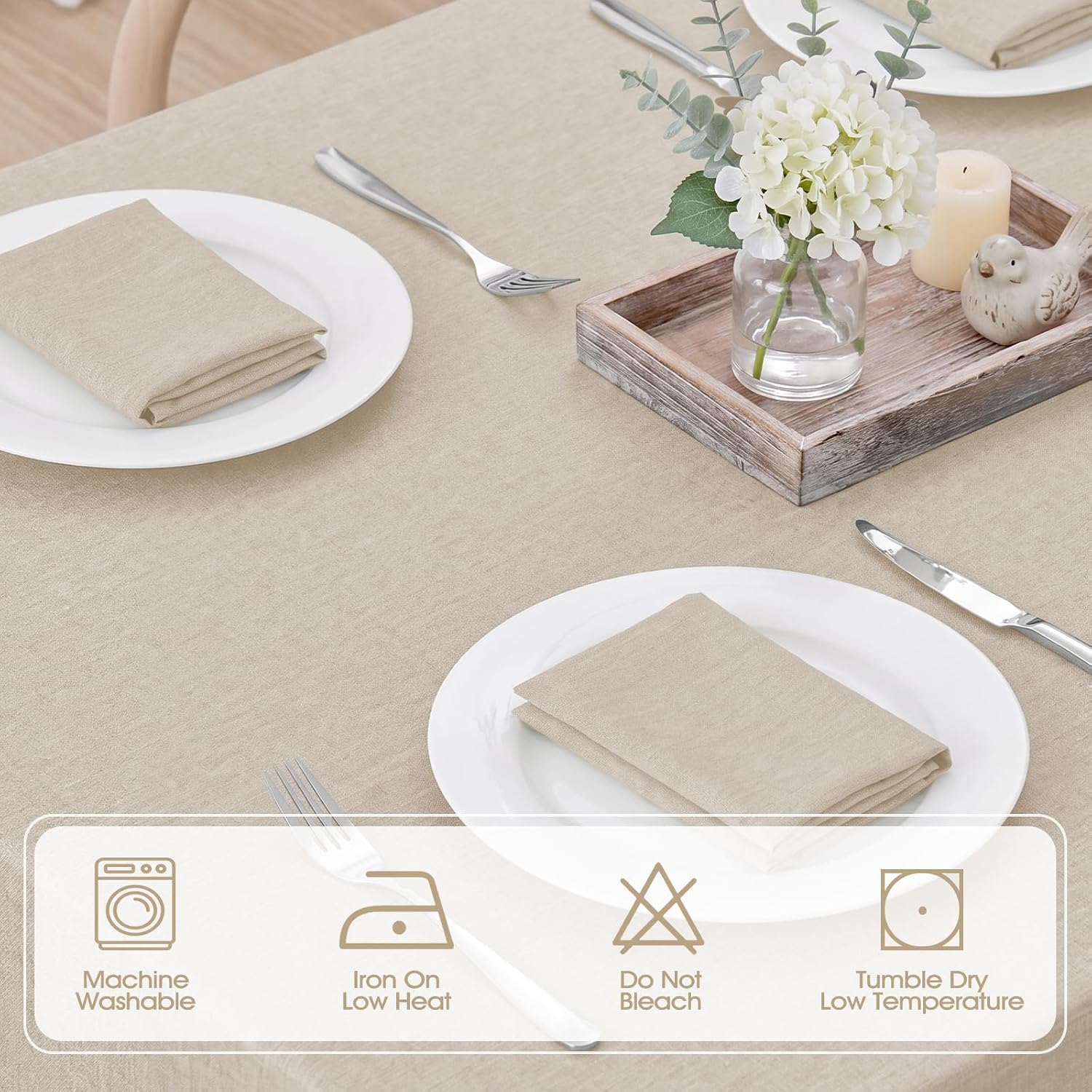 Veblandy 2 Pack Rectangle Tablecloth, 52x70 inch, Water Resistant Wrinkle Free Linen Textured Table Cloth Washable, Decorative Fabric Table Cover for Dining, Party and Camping, Beige