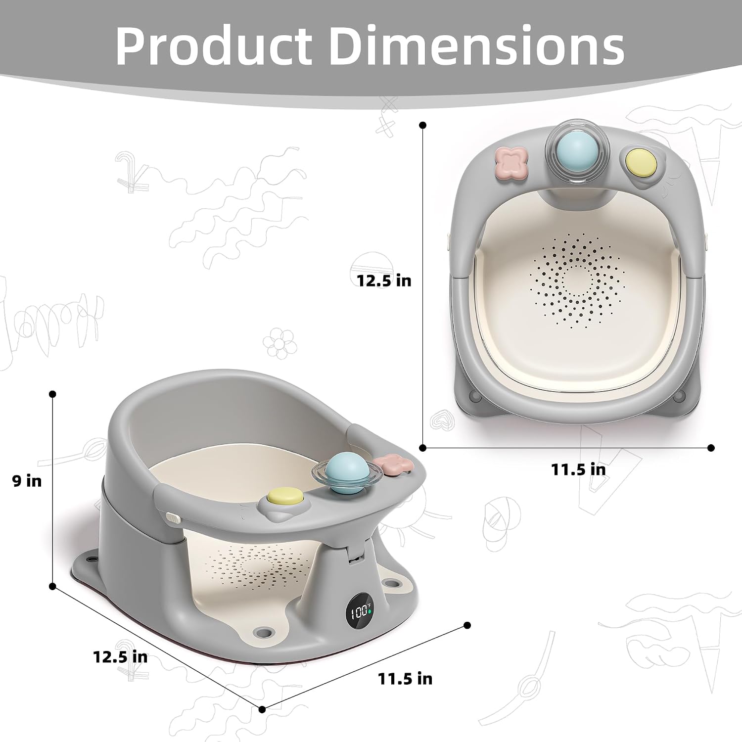 Baby Bath Seat for Babies 6 Months & up with Thermometer, Non-Slip Toddler Bath Seats for Sitting Up, Safe Infant & Newborn Bathtub Chair with 4 Suction Cups, Soft Cushion & Temperature Display, Gray