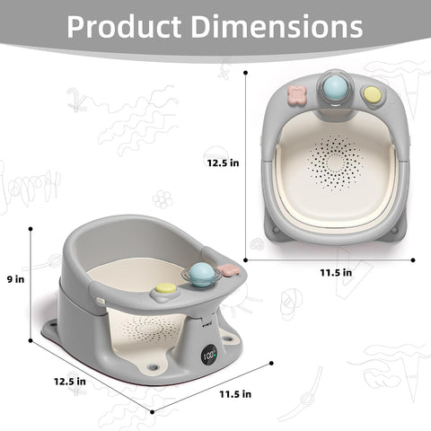 Baby Bath Seat for Babies 6 Months & up with Thermometer, Non-Slip Toddler Bath Seats for Sitting Up, Safe Infant & Newborn Bathtub Chair with 4 Suction Cups, Soft Cushion & Temperature Display, Gray