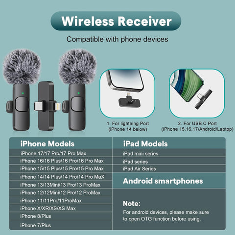 MAYBESTA Wireless Mini Microphone for iPhone, Android Phone - 2 Pack Lavalier Lapel Mic for Audio Video Recording - Clip on Content Creator Microphones for YouTube Tiktok Podcast Vlogging