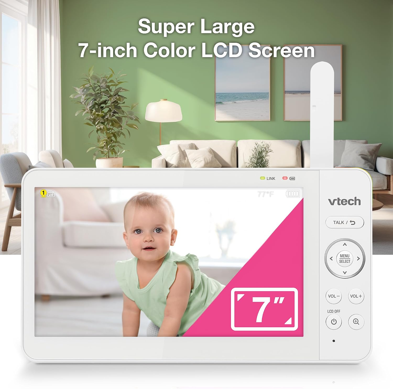 VTech Baby Monitor No WiFi, 7" IPS Screen, 5000mAh 12Hr Battery, 360° Pan Tilt Zoom, Night Vision, Multi-Color Night Light, 2-Way Talk| Advanced Max Green