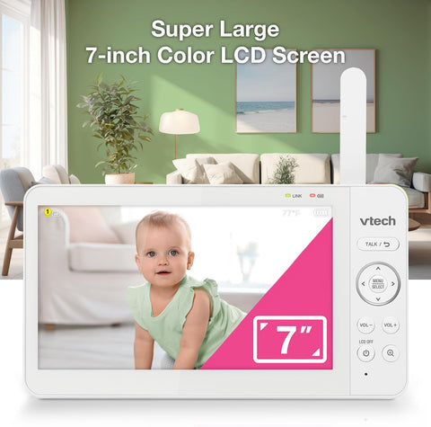 VTech Baby Monitor No WiFi, 7" IPS Screen, 5000mAh 12Hr Battery, 360° Pan Tilt Zoom, Night Vision, Multi-Color Night Light, 2-Way Talk| Advanced Max Green