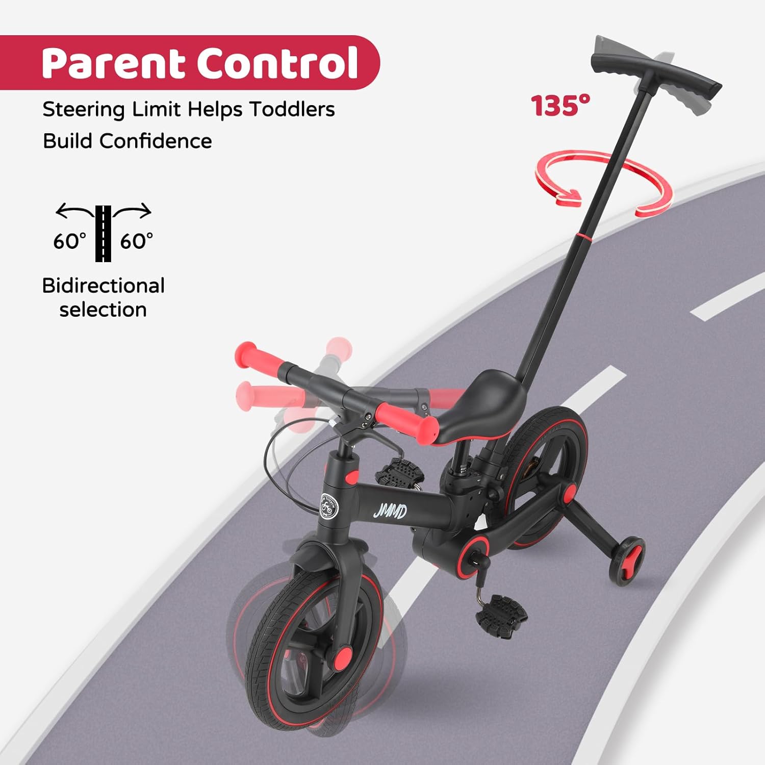 JMMD 6 in 1 Toddler Bike with Push Handle for Kids 18-60 Months, 12" Foldable Balance Bike with Training Wheels, Pedals, Brakes, Kickstand, Push Tricycle Toddler Gift & Toys for Boy & Girl