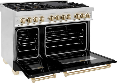 ZLINE Autograph Edition 48 in. 6.0 cu. ft. Legacy Dual Fuel Range with 7 Burner Gas Cooktop and 2 Electric Ovens in Stainless Steel with Black Matte Doors and Polished Gold Accents (RAZ-BLM-48-G)