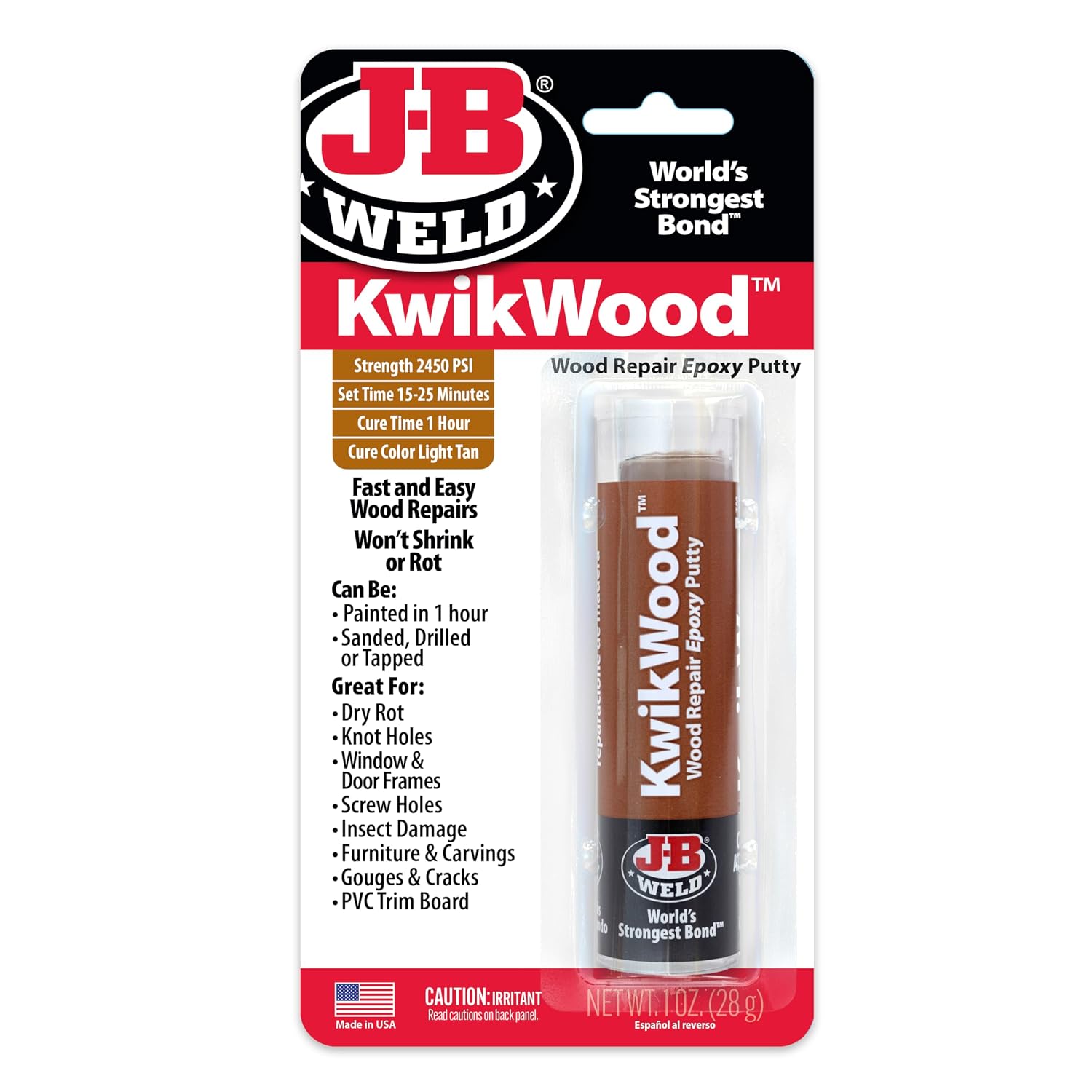 J-B Weld Tan KwikWood Wood Repair Epoxy Putty, 1 oz. Stick