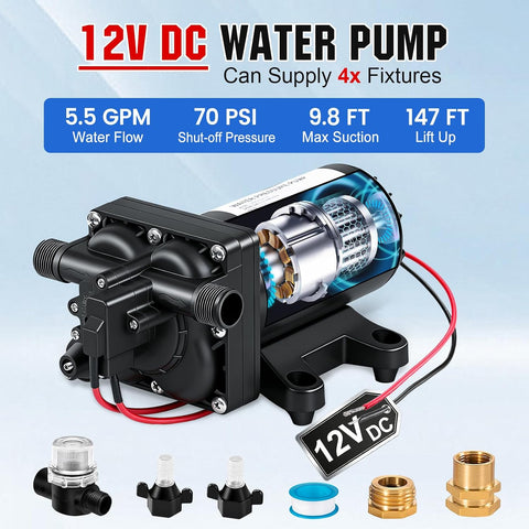 ECO-WORTHY RV Fresh Water Pump 12V DC 5.5GPM 70PSI,12 Volt Diaphragm Self-Priming Pump with Pressure Switch for RV Garden Irrigation Spraying Marine Yacht