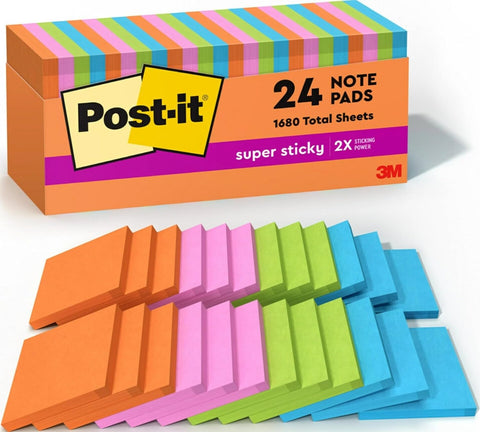 Post-it Super Sticky Notes, 3 x 3 in, Neon Fizz, 24 Pads, 70 Sheets/Pad