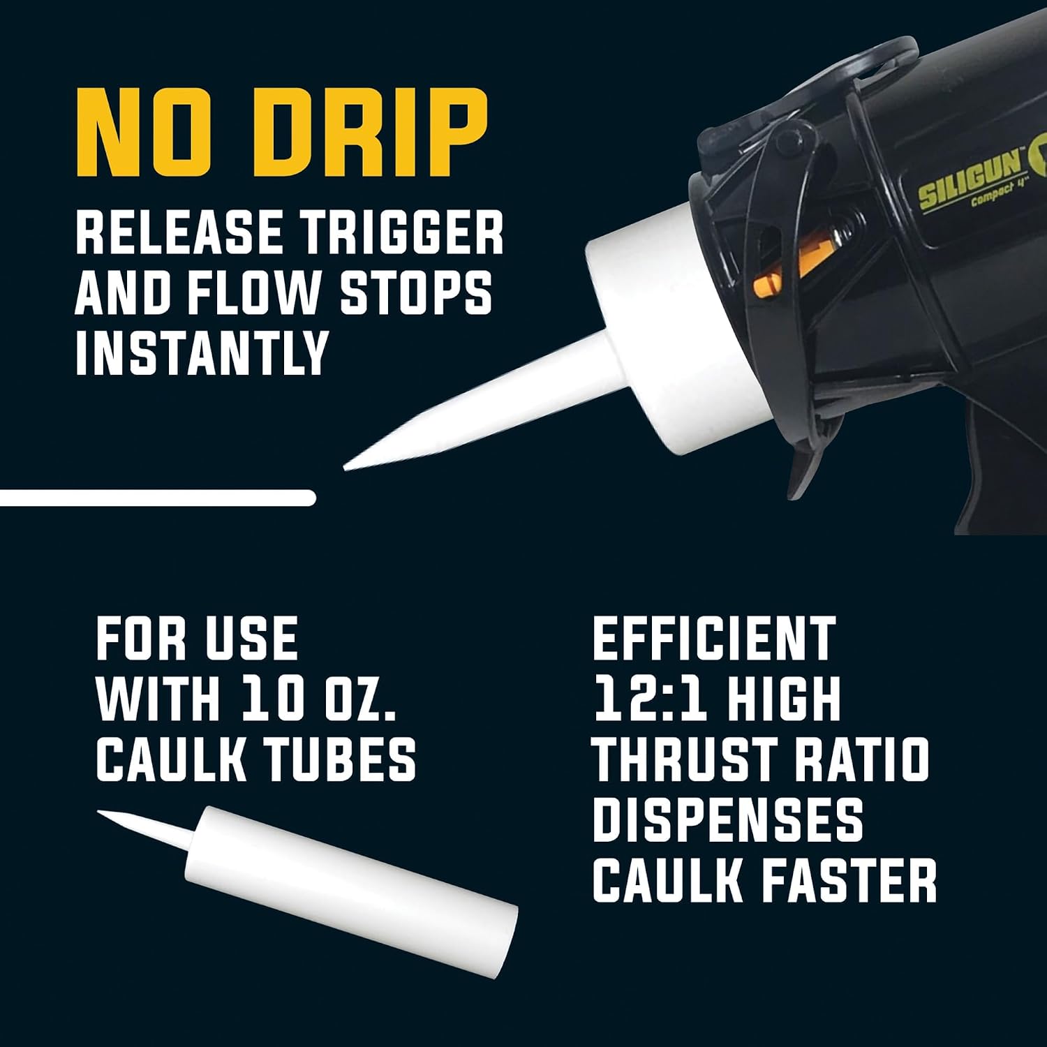 SILIGUN™ Gen-3 Compact Caulking Gun - No Drip Caulk Gun - Patented Design - Lightweight ABS Frame