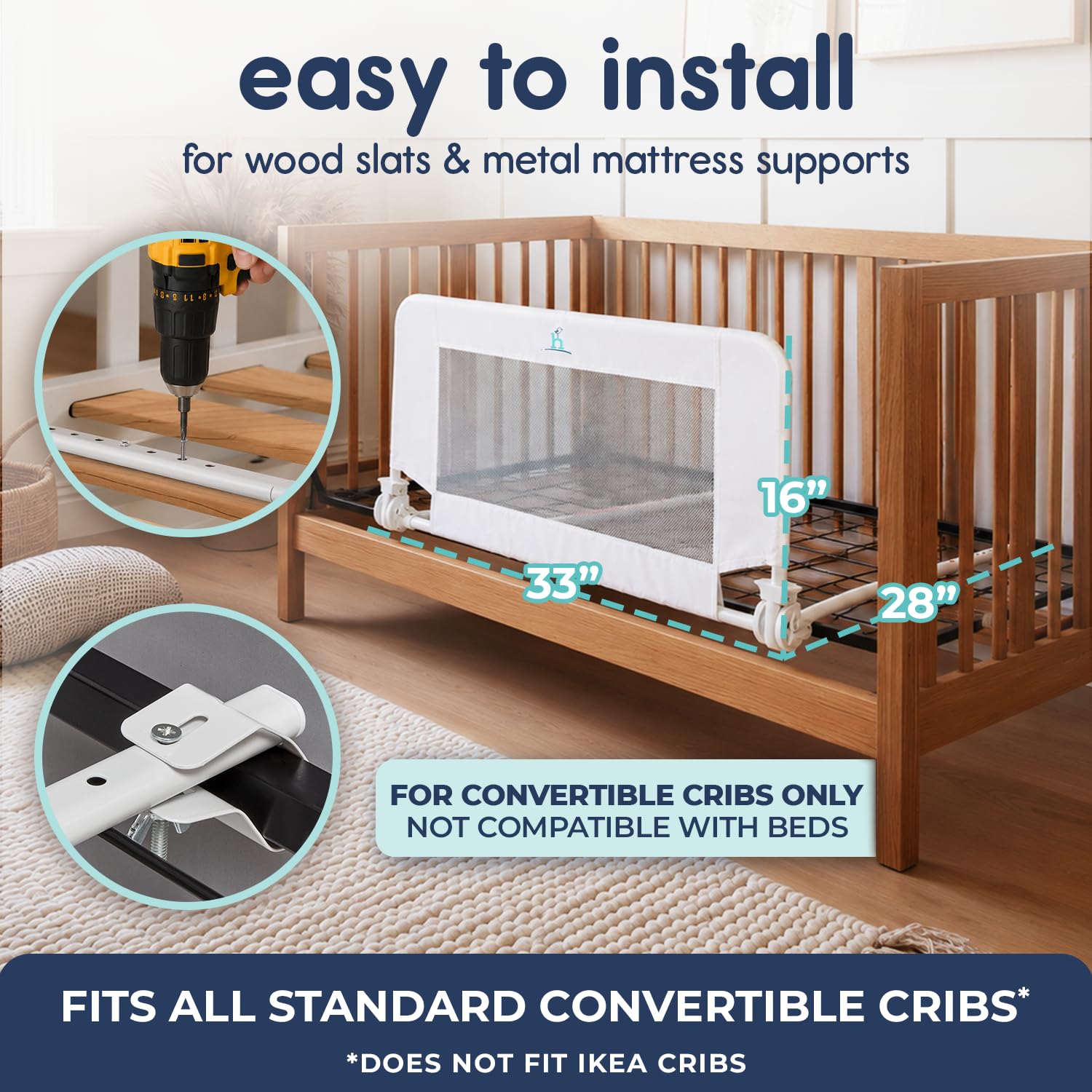 Hiccapop Convertible Crib Bed Rail for Toddlers, Crib Rail Guard, White