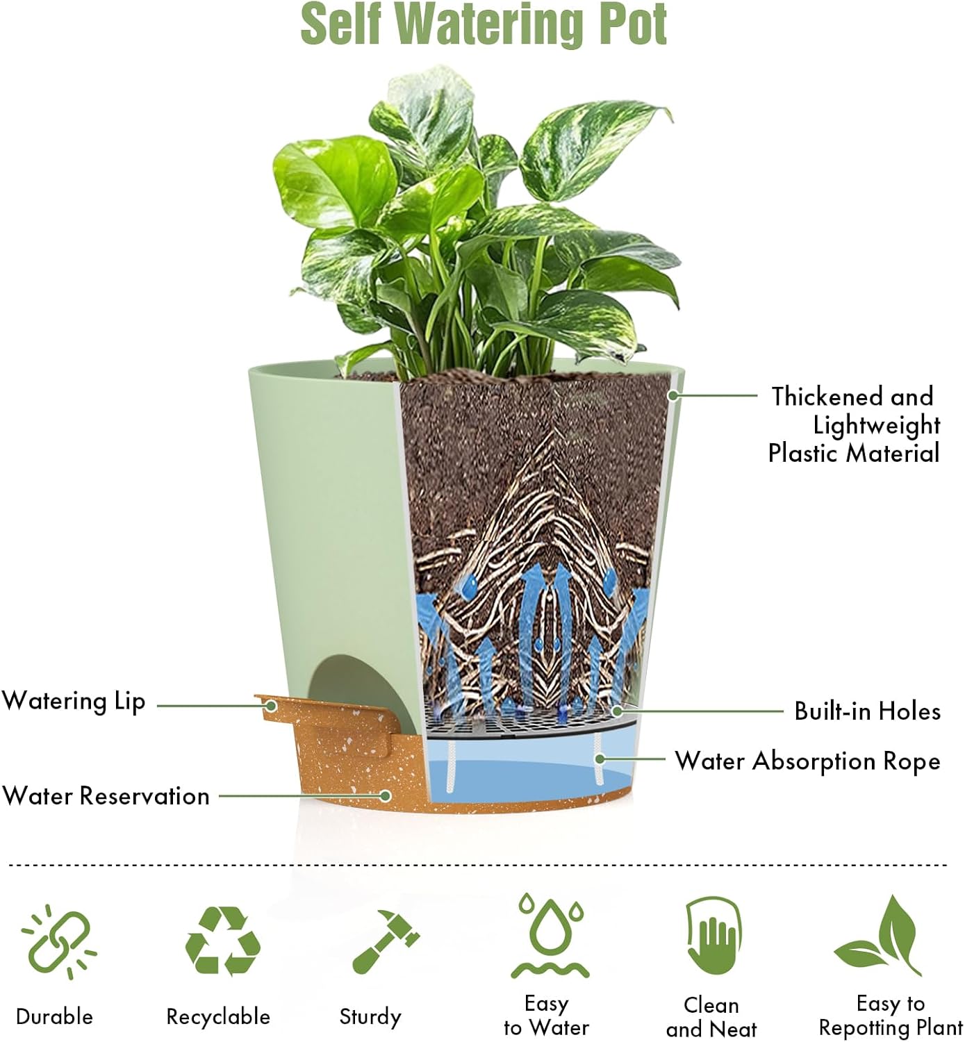 WSMKSZ 4 inch Self Watering Pots for Indoor Outdoor Plants, 6 Pack Plastic Flower Planters with Drainage Holes and Removable Saucers, Plant Pots with Wicking Rope, Modern Decor, Green Brown