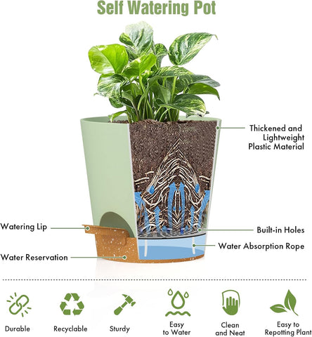 WSMKSZ 4 inch Self Watering Pots for Indoor Outdoor Plants, 6 Pack Plastic Flower Planters with Drainage Holes and Removable Saucers, Plant Pots with Wicking Rope, Modern Decor, Green Brown