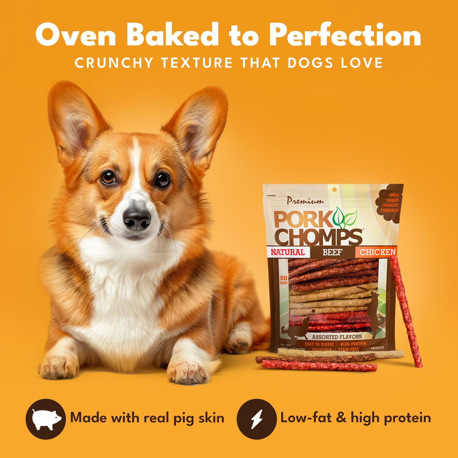 Pork Chomps Dog Chews, 5 in Munchy Sticks, Assorted Flavors, 50 Count