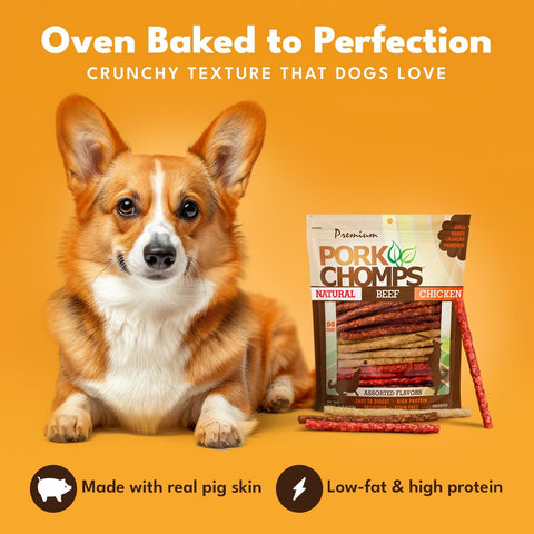 Pork Chomps Dog Chews, 5 in Munchy Sticks, Assorted Flavors, 50 Count