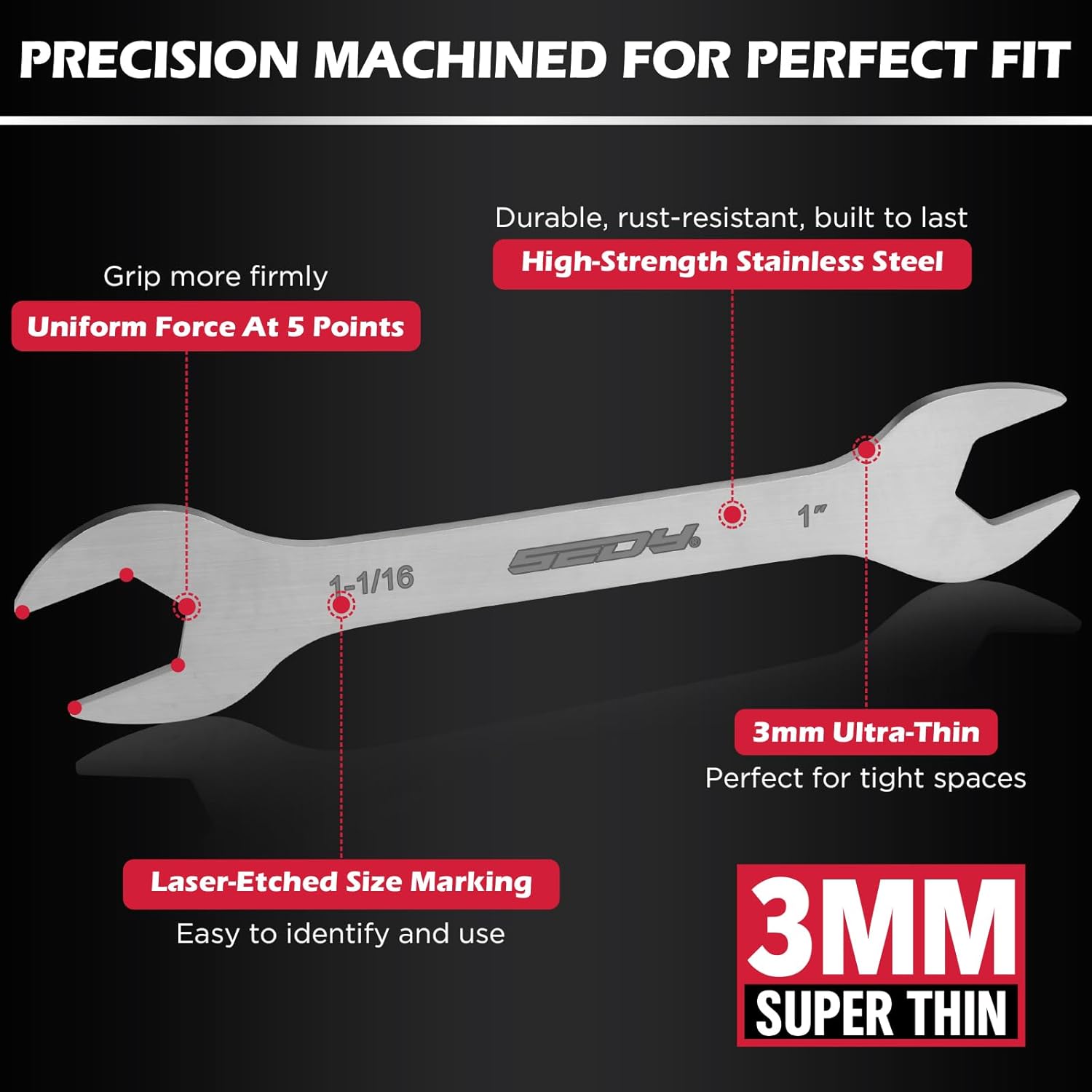19-Piece Super Thin Open-End Wrench Set, SAE 1/4"-1-1/16" & Metric 5.5–27 mm, 3 mm Thickness Slim Wrench Set for Tight Spaces, Nickel Plated Flat Wrenches with Red & Blue Rolling Storage Pouches