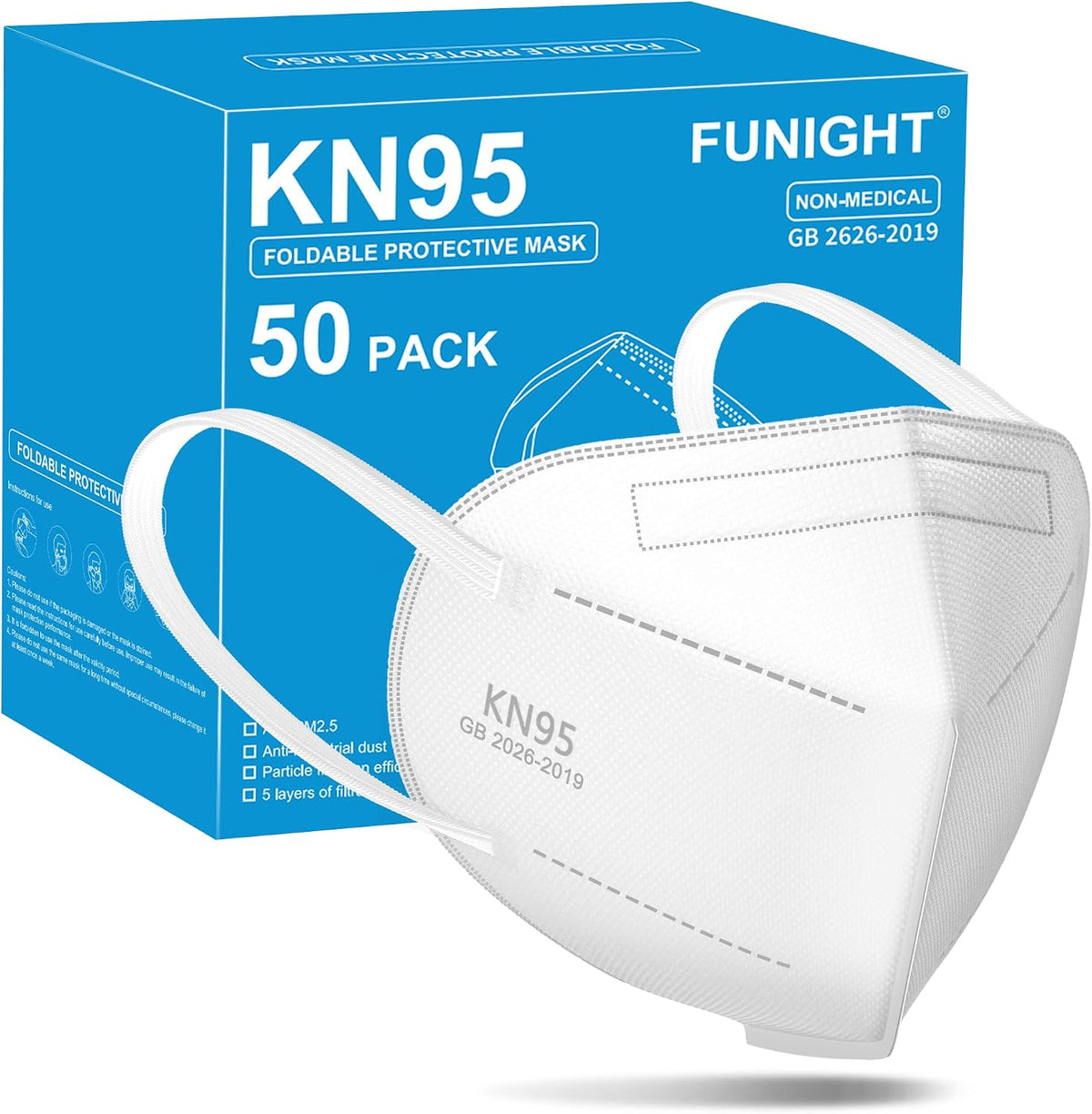Funight KN95 Face Mask 5-Ply Breathable Filter Efficiency≥95% Protective Cup Dust Disposable Masks Against PM2.5 White 50 Pack