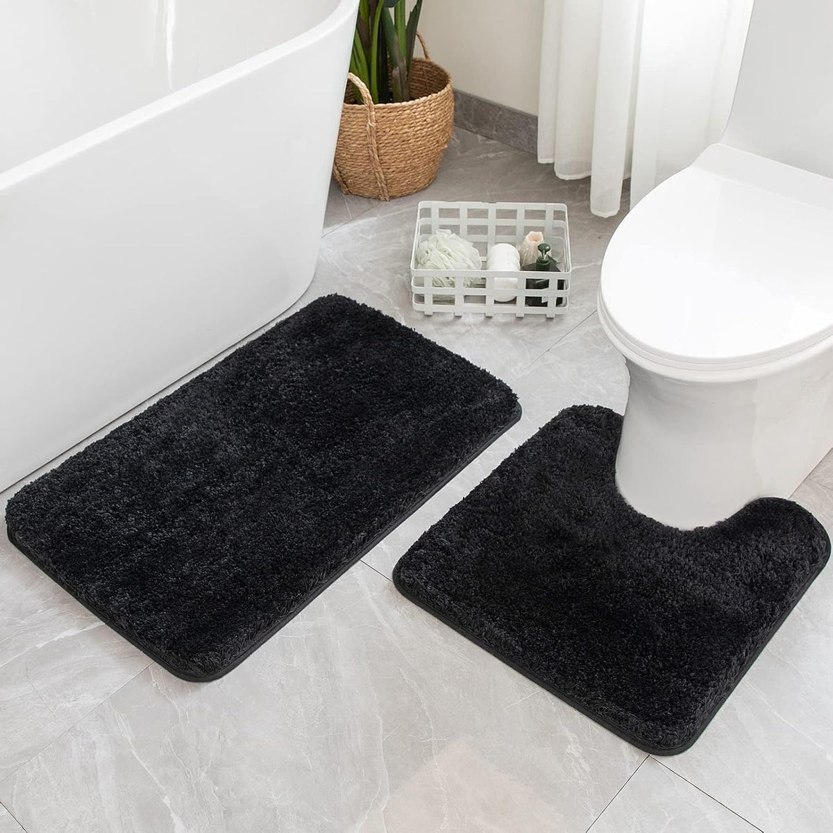 MIULEE Black Bathroom Rugs Set 2 Piece Soft Bath Mats 20x20+16x24 Inch