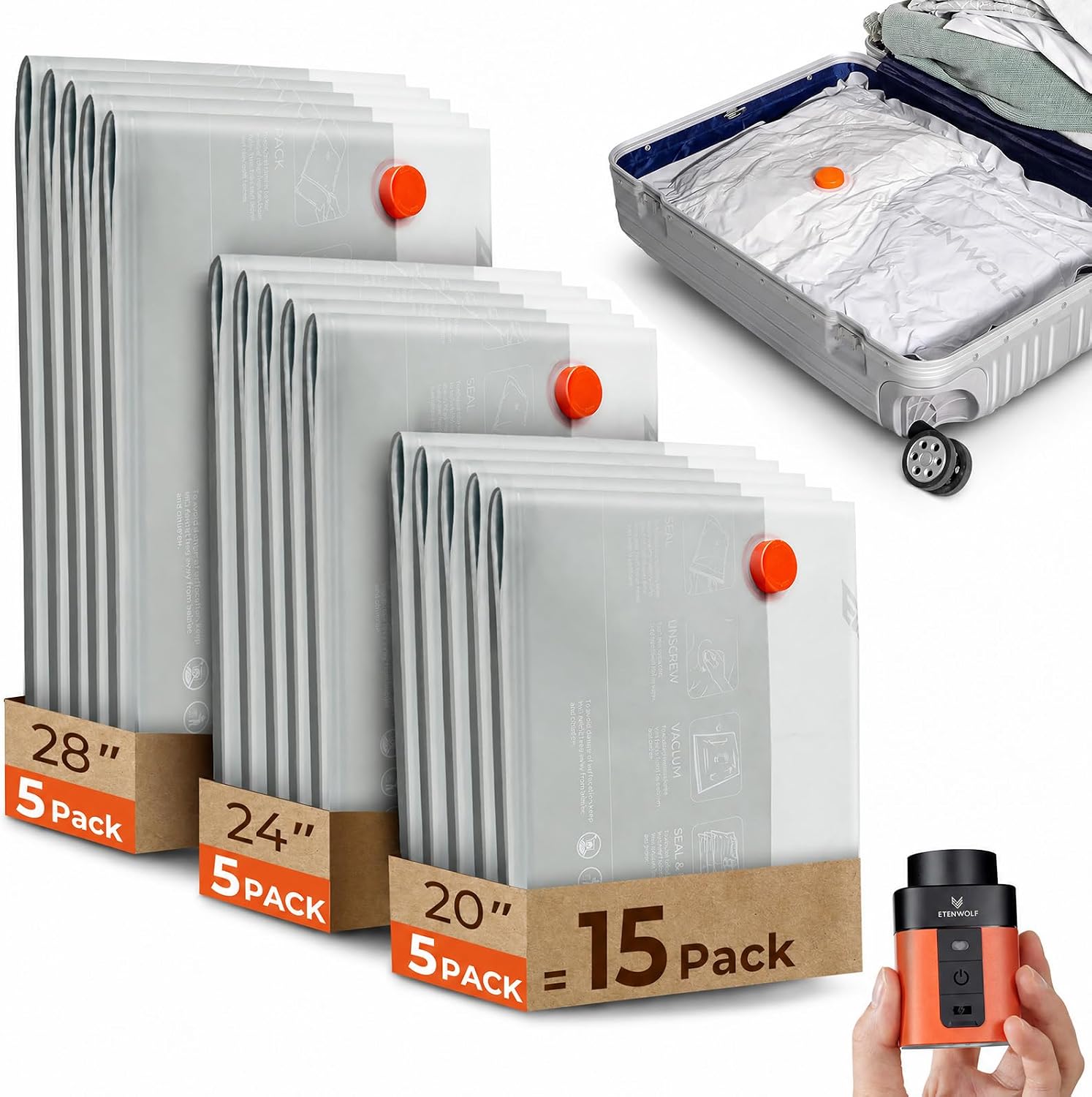 ETENWOLF 15 Combo Vacuum Storage Bags for Travel with Wireless Pump