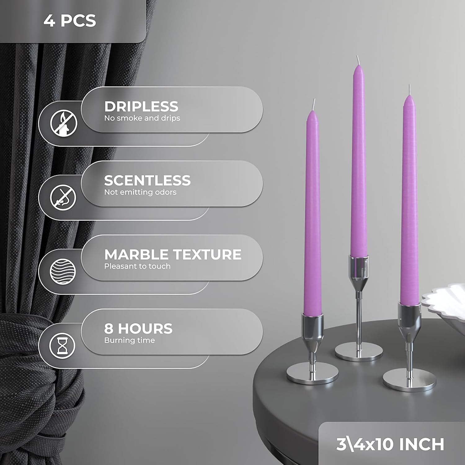 CANDWAX 10 inch Taper Lilac Candles Pack of 4 - Unscented Smokeless Dripless Tall Candlesticks - Perfect for Special Occasions, Ordinary Dinners, for Mother's Day - Lavender Candle Sticks