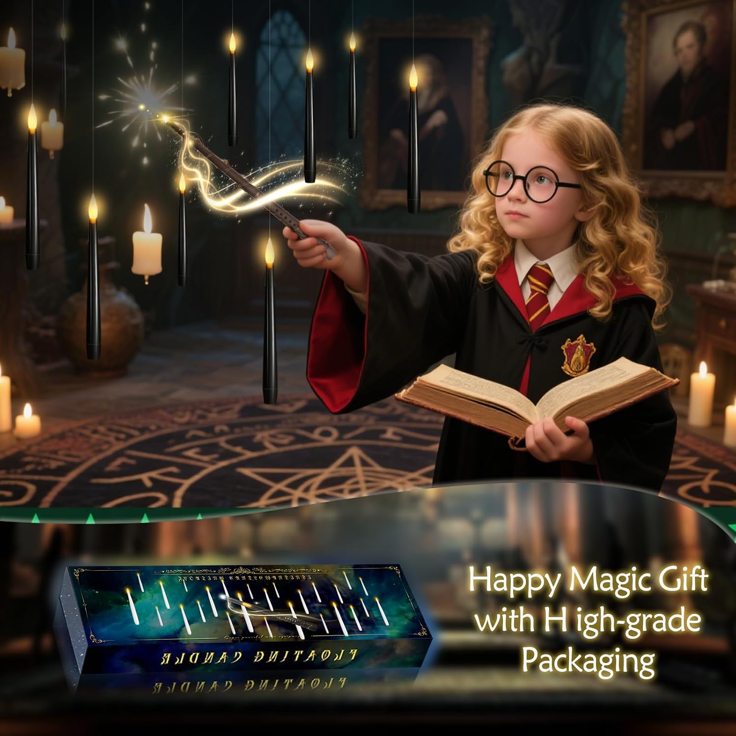 kakoya Flameless Floating Candles with Wand，12 Pcs Magic LED Hanging Taper Candles，Flickering Battery Operated Taper Candle with Wand Remote for Halloween Decorations Best Gift（Black）