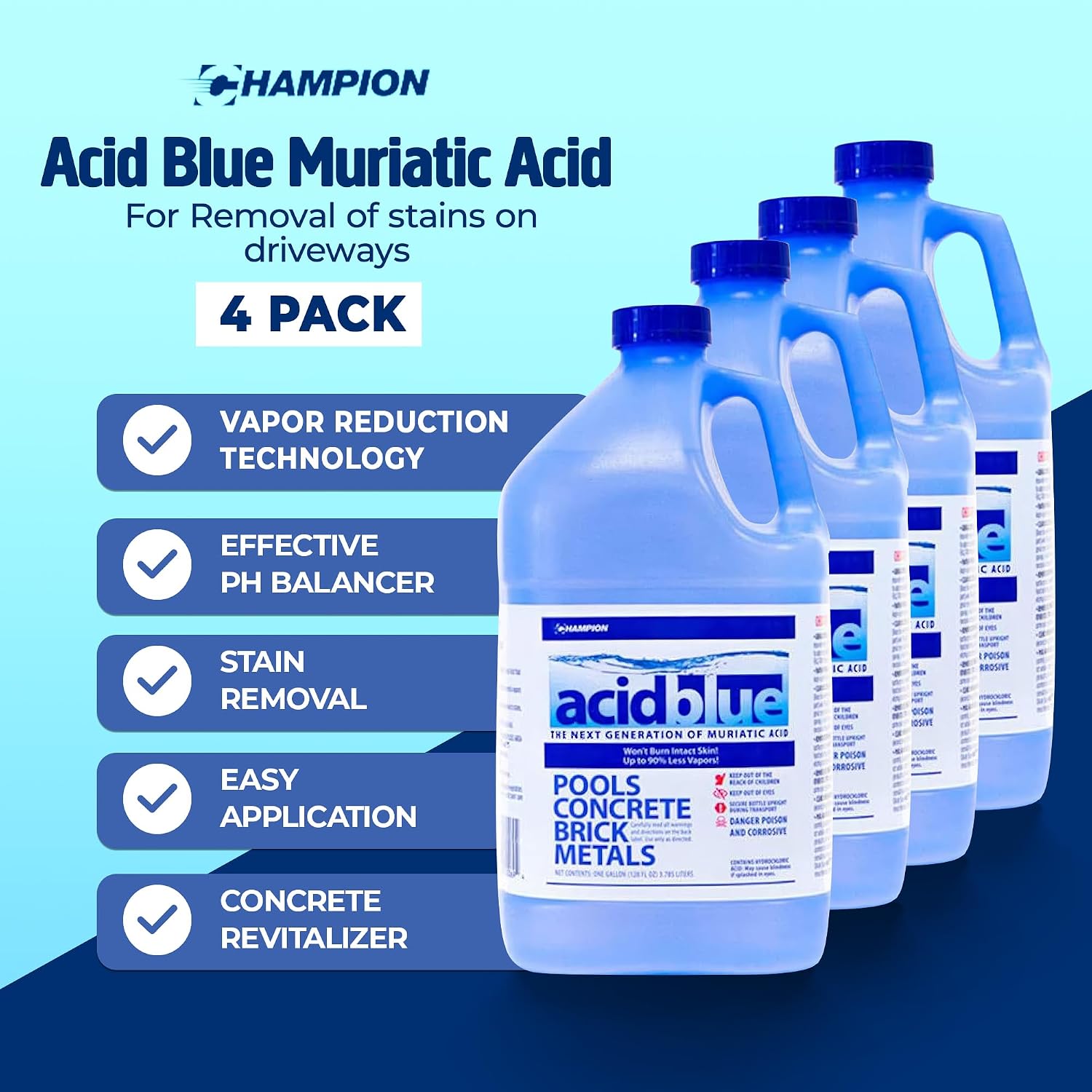 CPDI Champion 4 Pack AcidBlue Muriatic Acid for Pools @ Spas, 1 Gallon Each