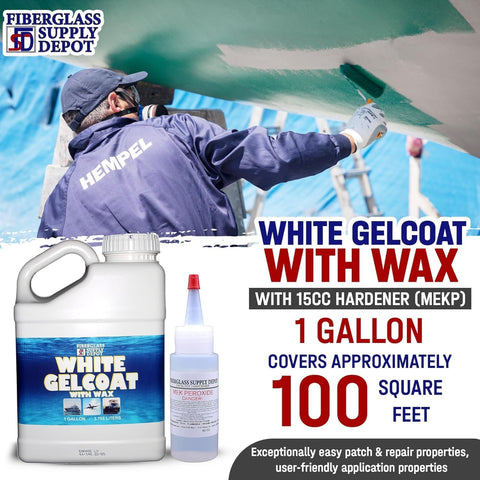 Fiberglass Supply Depot White Gelcoat with Wax – UV-Resistant Marine Gelcoat for Interior & Exterior Use – Gallon Kit with 60cc MEKP Hardener