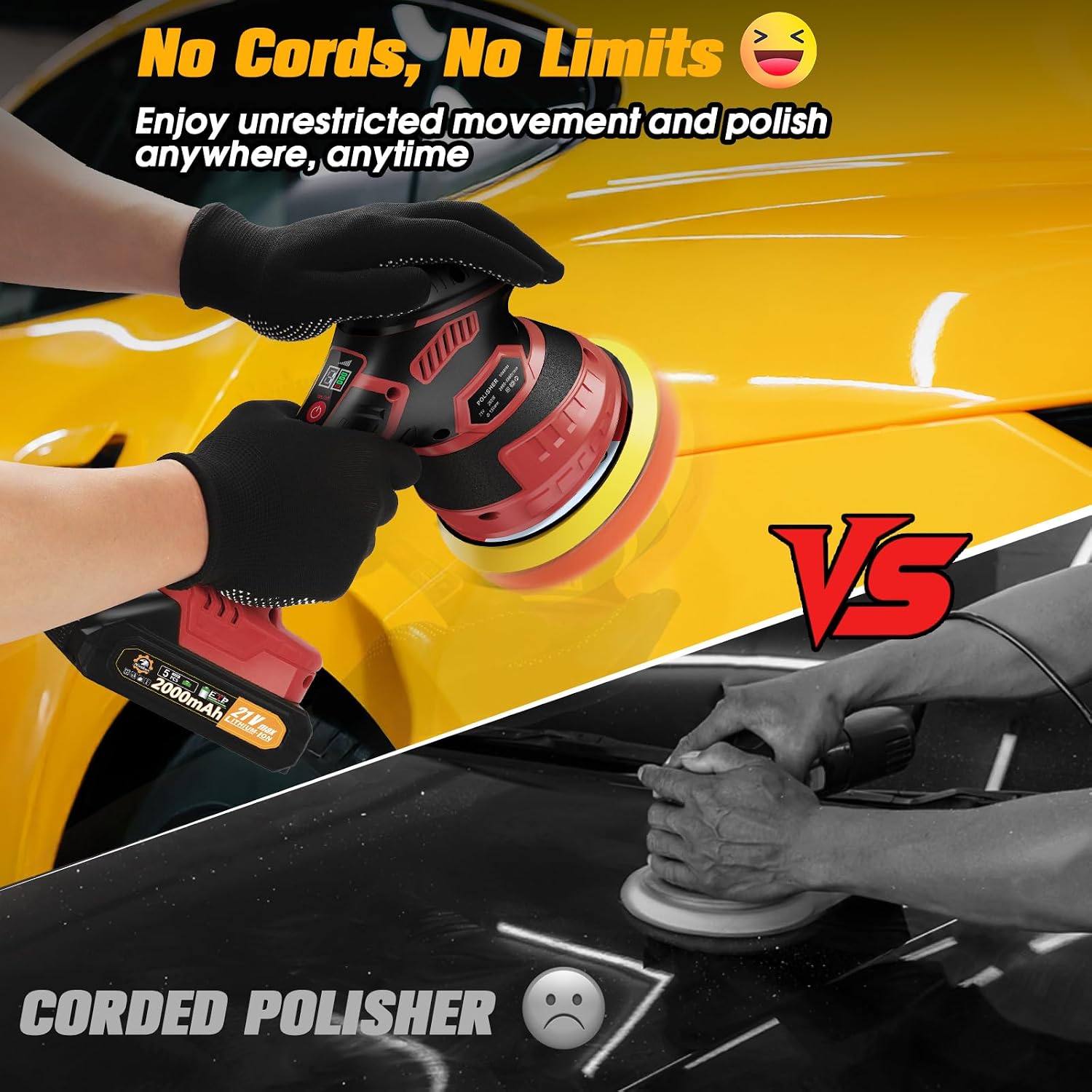 Cordless Car Buffer Polisher kit, DA Polisher with 2*21V Batteries