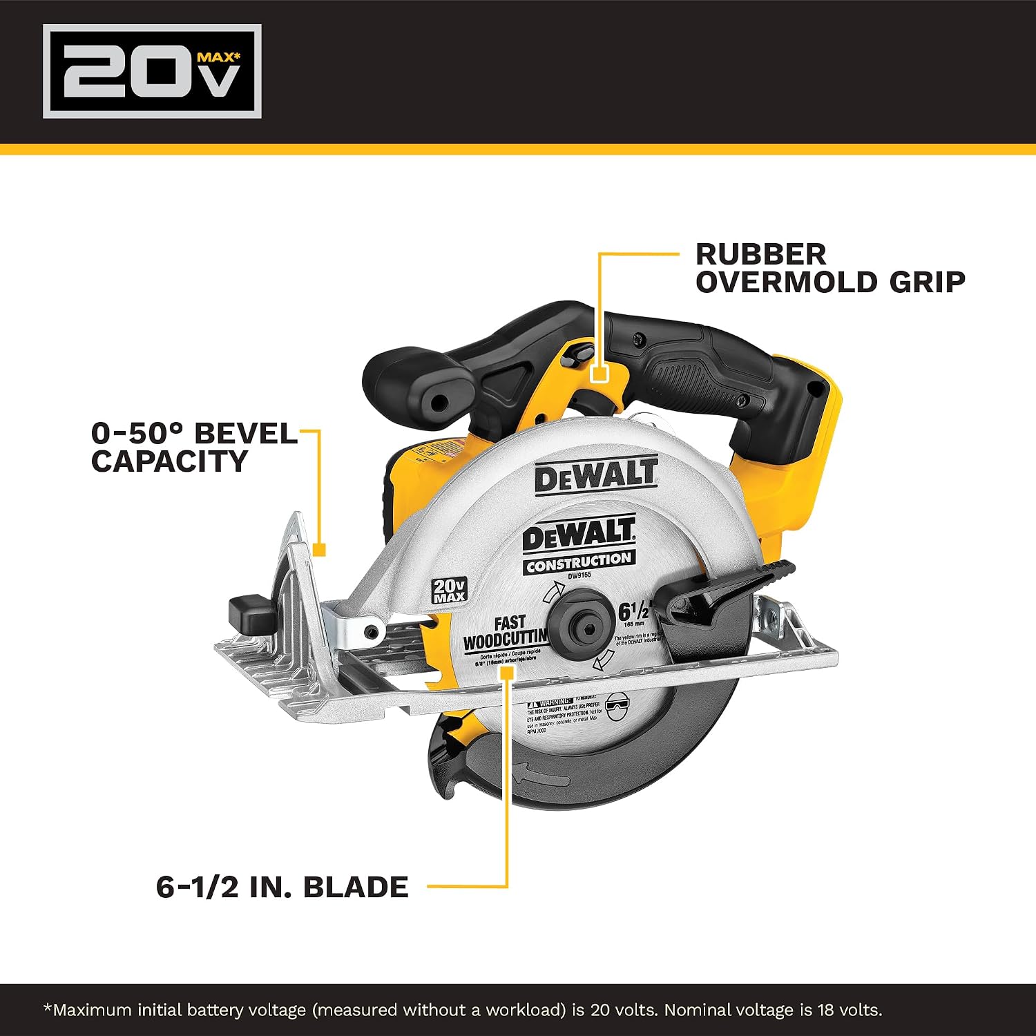 DEWALT 20V MAX Circular Saw, Cordless Sidewinder Style Portable, 6-1/2-Inch Blade, 5150 RPM, 0-50 Degree Bevel Capability, Battery Not Included (DCS391B)