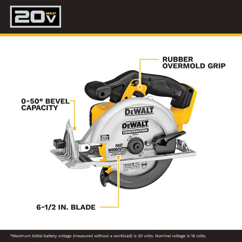 DEWALT 20V MAX Circular Saw, Cordless Sidewinder Style Portable, 6-1/2-Inch Blade, 5150 RPM, 0-50 Degree Bevel Capability, Battery Not Included (DCS391B)