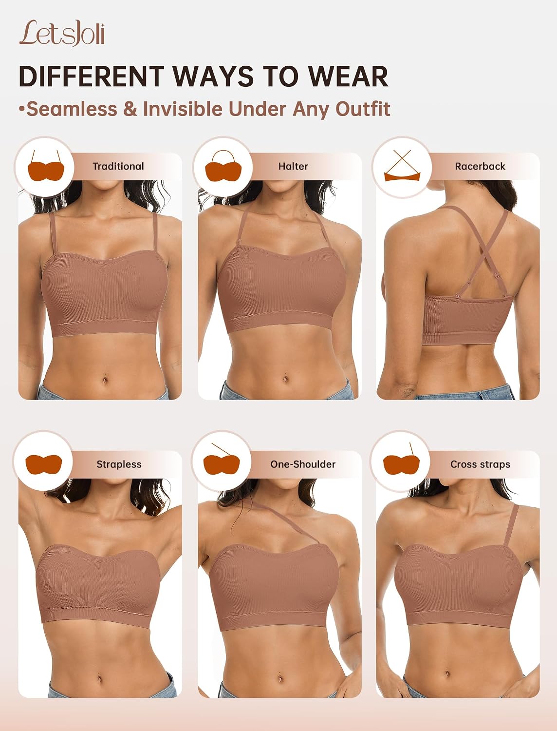LetsJoli Strapless Bras for Women Push Up Bandeau Wireless Tube Padded Bra