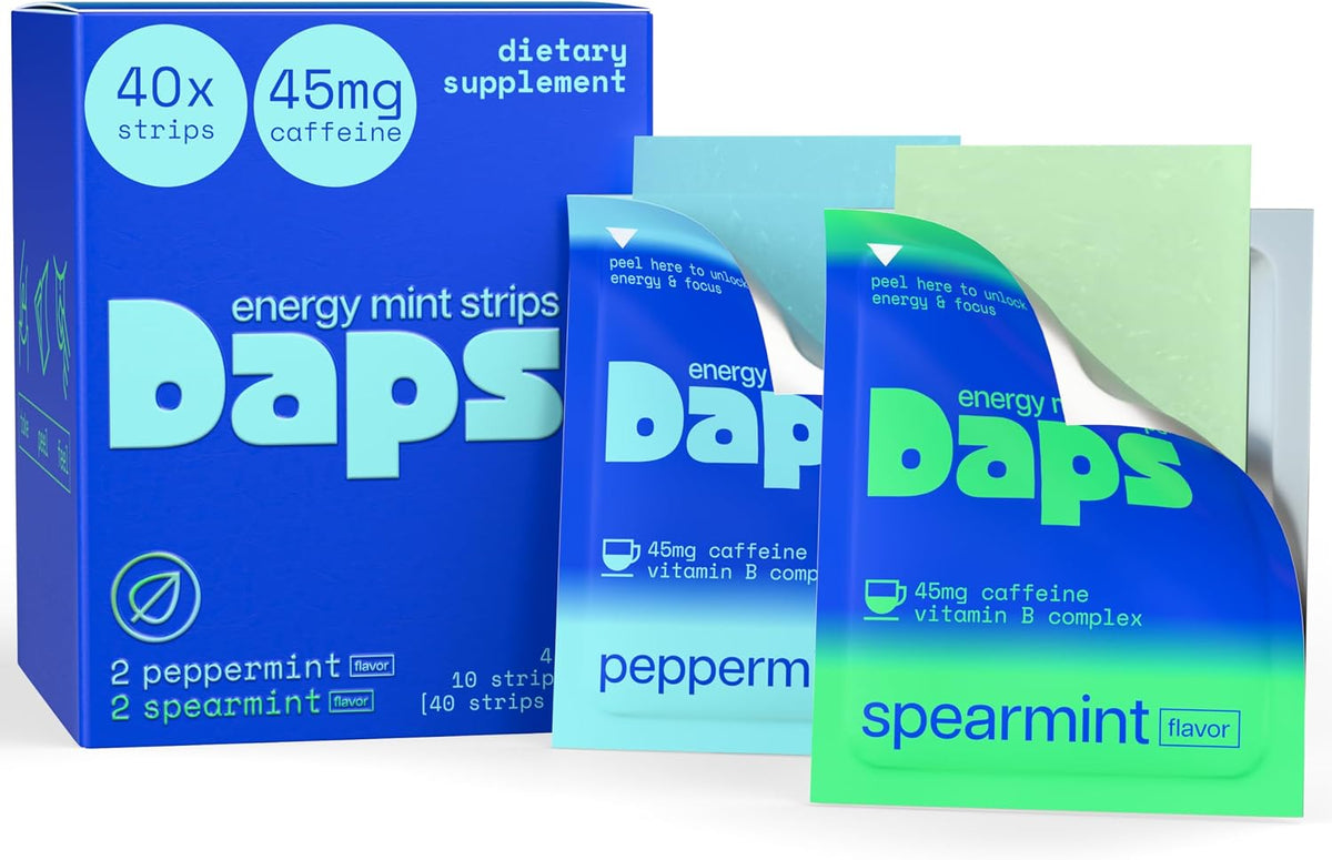 Daps Mint Energy Strips - 45mg Natural Caffeine + B-Vitamins - Fast-Acting Energy Supplement - Works Faster Than Coffee - On-The-Go, Sugar Free - Variety Pack, 40 Strips